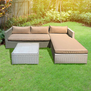 Morning Relax - Salotto da giardino in alluminio e polyrattan divano 2 posti con chaise longe + tavolino con ripiano in vetro 5mm. Divano angolare da giardino + tavolino + cuscini