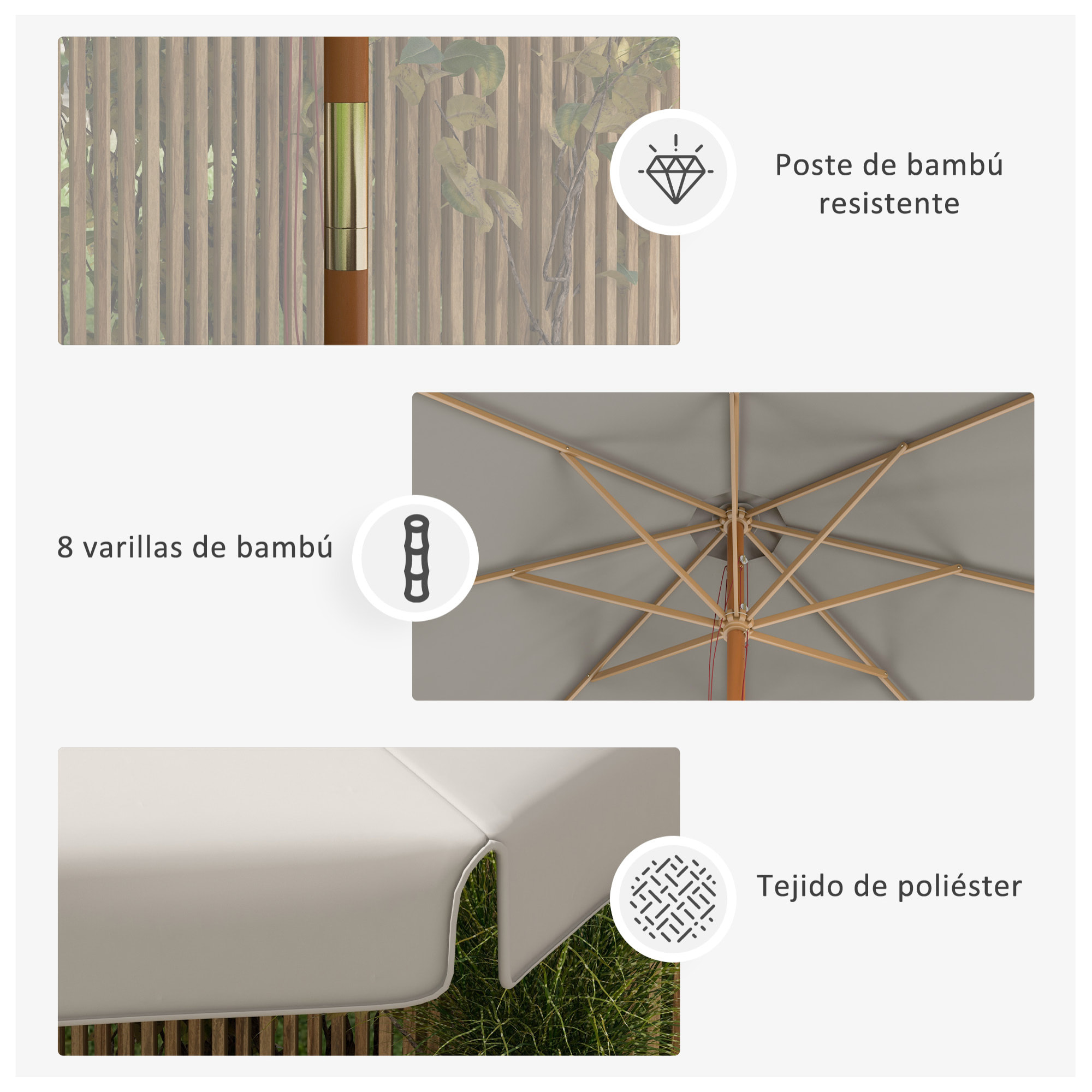 Sombrilla Terraza Exterior Ø325 cm Sombrilla de Jardín con Sistema de Polea Techo Ventilado 8 Varillas de Bambú y Poste de Madera Parasol para Patio Terraza Gris