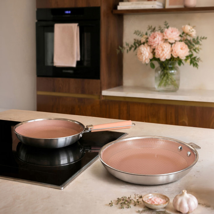Lot de 2 poêles en acier inoxydable et manche amovible rose AGLAE