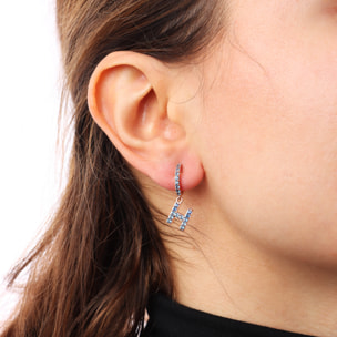 Orecchino Pendente con Lettera H in Pavé di Cubic Zirconia Blu