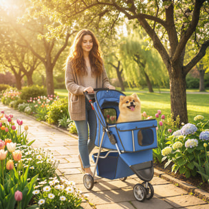 Carrito para Perros Plegable, Cochecito para Perros Pequeños con Cesta de Almacenaje, Ventanas de Malla, Portavasos y Ruedas, Carga 10 kg, 77x44x102 cm, Azul