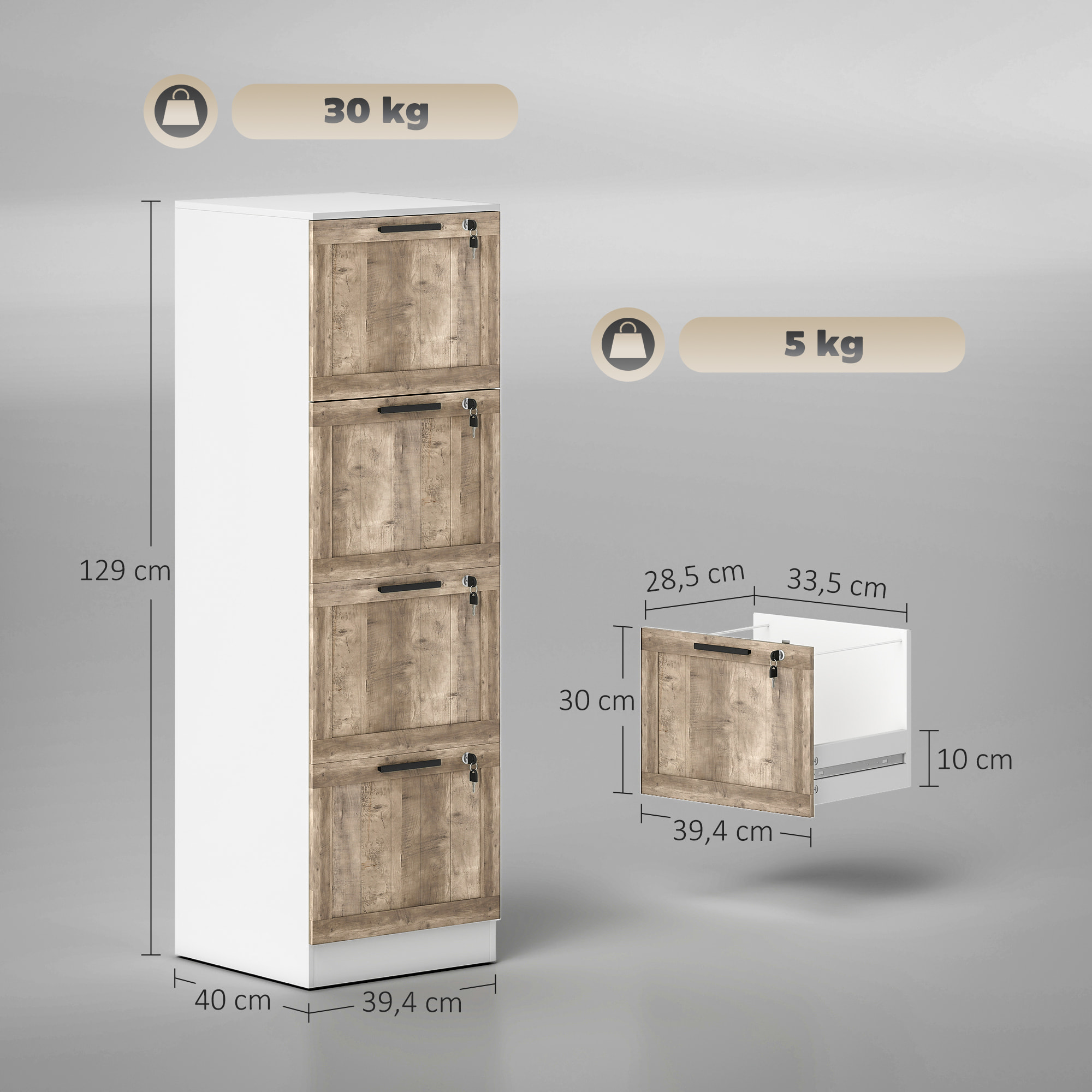 Cajonera de Oficina con 4 Cajones Cajonera de Escritorio con Cerradura 2 Llaves Barras Colgantes para A4 Carta Archivador Móvil para Estudio 39,4x40x129 cm Blanco y Madera