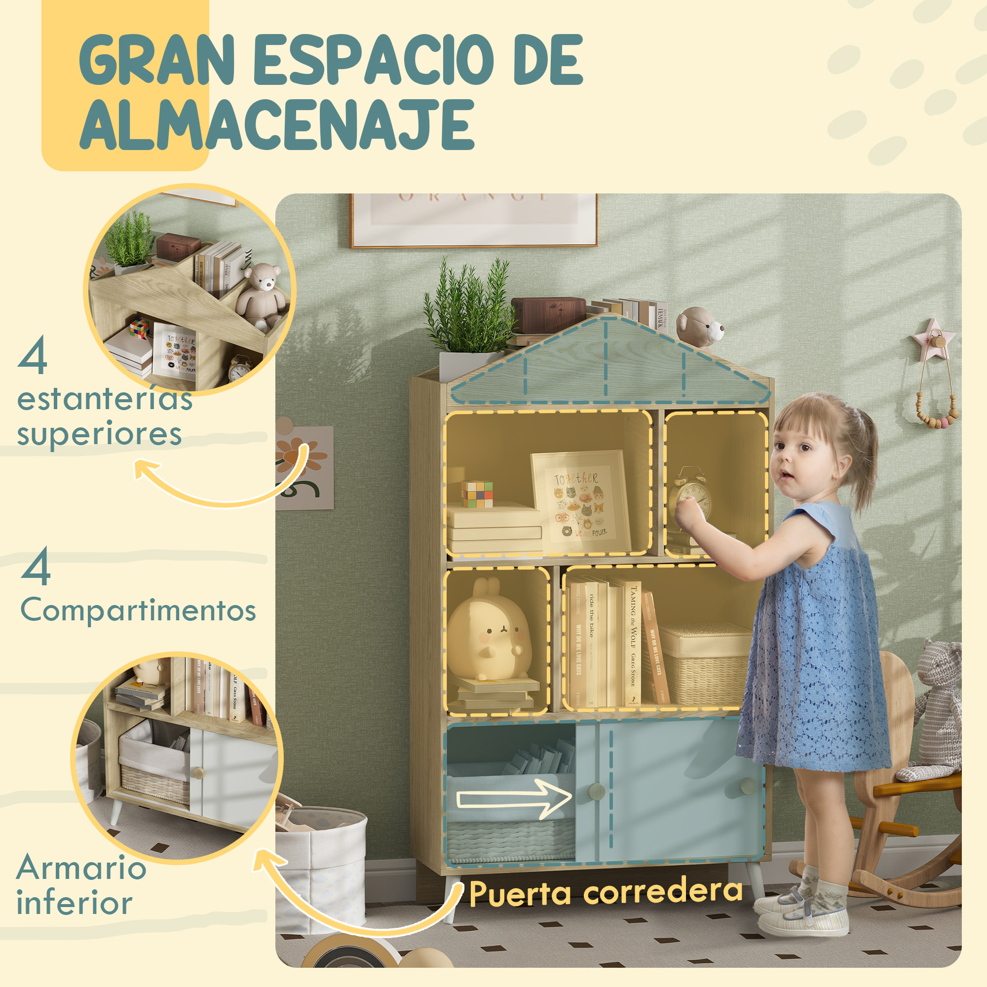 Estantería Infantil de Madera con 4 Compartimentos Librería Infantil con Estantes Abiertos y Armario para Habitación de Niños Sala de Juegos 80x30x140,5 cm Blanco y Natural