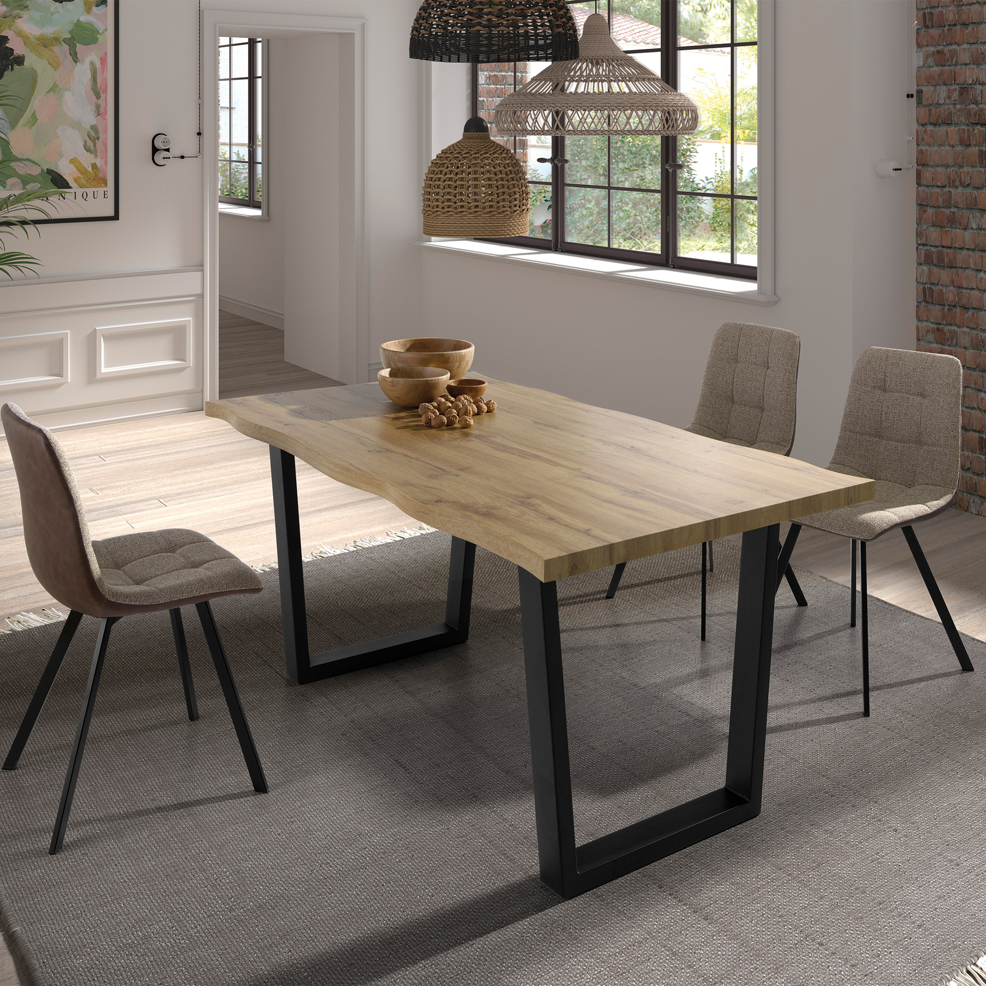 Mesa de comedor fija QUEBEC - roble rústico, negro - 160x90x76cm