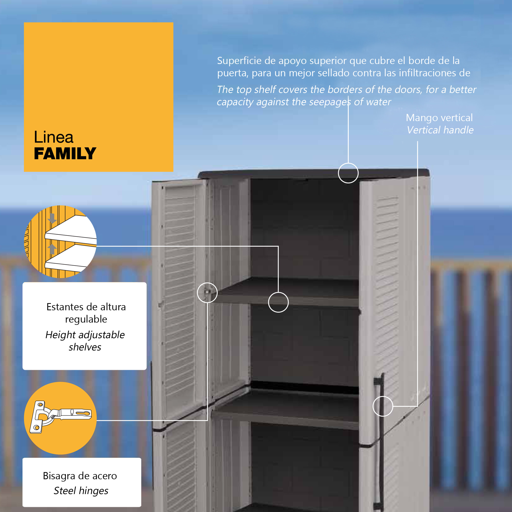 Armario de media altura en polipropileno, con bisagras de acero, balda y patas regulables