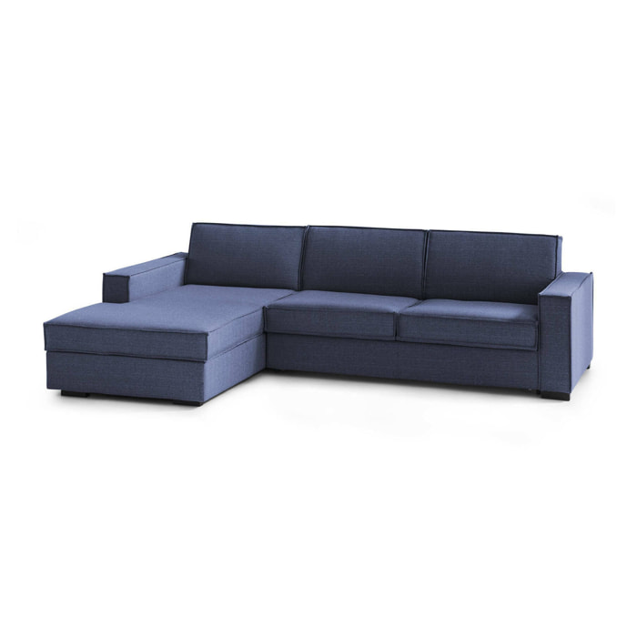 Divano fisso con penisola Sodalite, Sofà Soggiorno ad angolo con penisola contenitore Sinistra, Braccioli slim, 100% Made in Italy, Cm 260x95h90, Blu