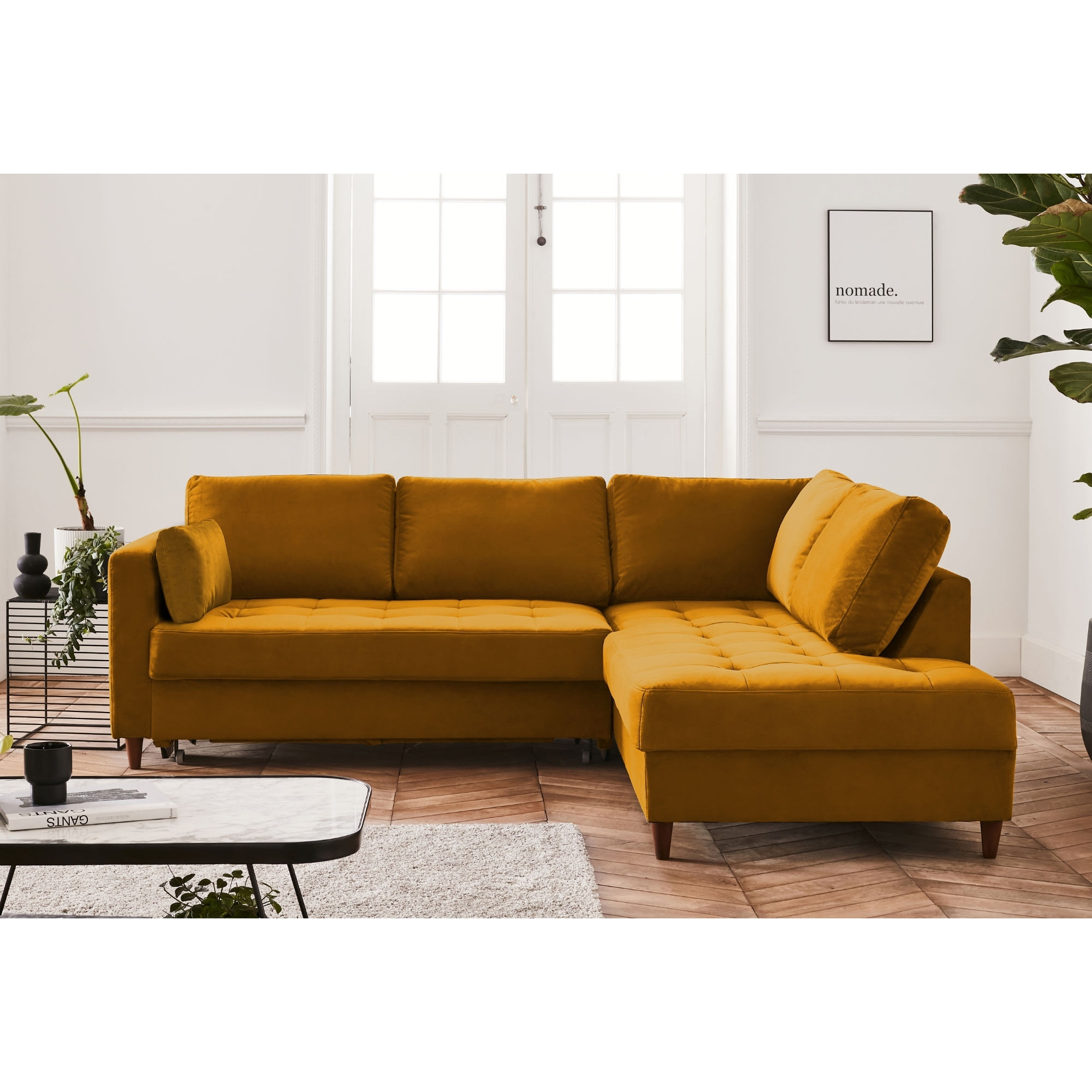 Anna - canapé d'angle droit - 5 places - convertible - en velours - Jaune