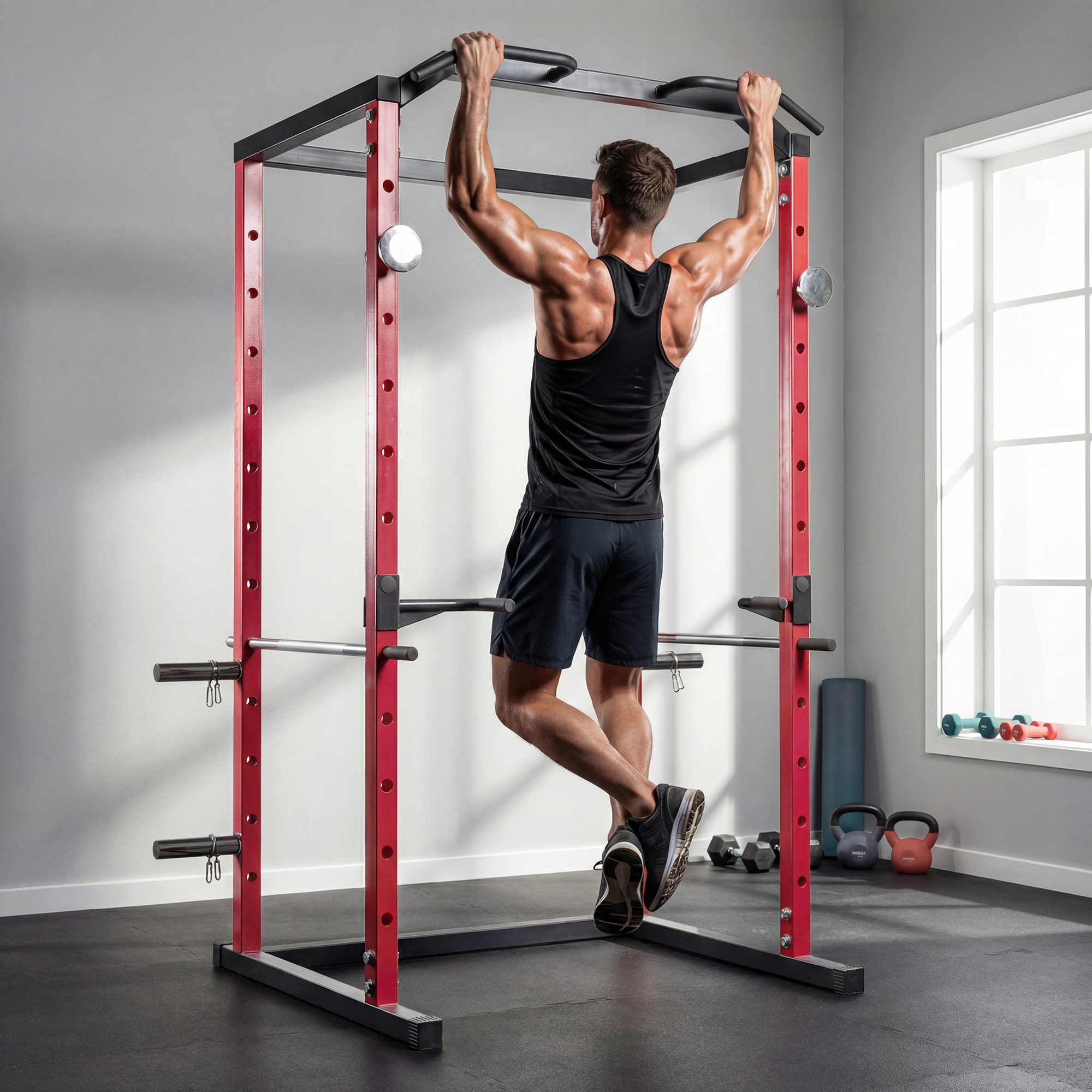 Jaula de Potencia Musculación, Rack para Sentadillas con Barra de Dominadas, Estación de Fondos Ajustable en Altura, Soporte de Barra Regulable, para Casa Gimnasio, Carga 460 kg