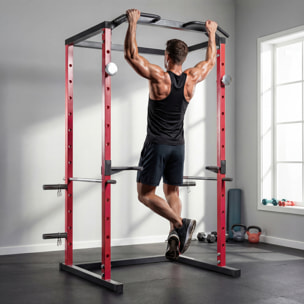 Jaula de Potencia Musculación, Rack para Sentadillas con Barra de Dominadas, Estación de Fondos Ajustable en Altura, Soporte de Barra Regulable, para Casa Gimnasio, Carga 460 kg