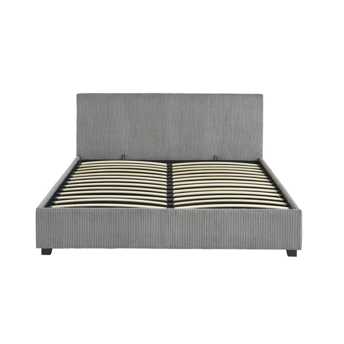 Lit coffre avec sommier à lattes et tête de lit. finition velours côtelé gris. L 211 x P 168 x H 86cm