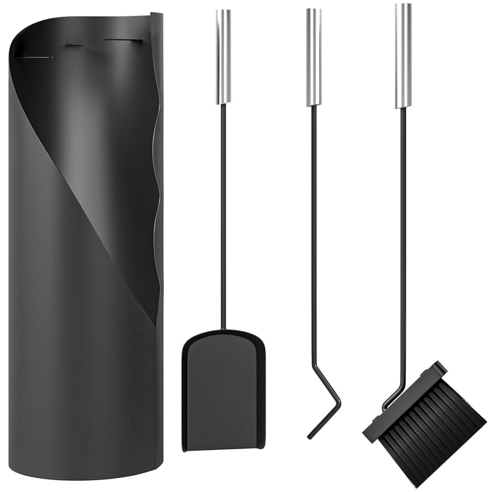 Juego Utensilios Chimenea de 4 Piezas, Juego de Accesorios para Chimenea de Metal con Escoba, Pala, Atizador y Cubo, 20x20x65 cm, Negro y Plateado