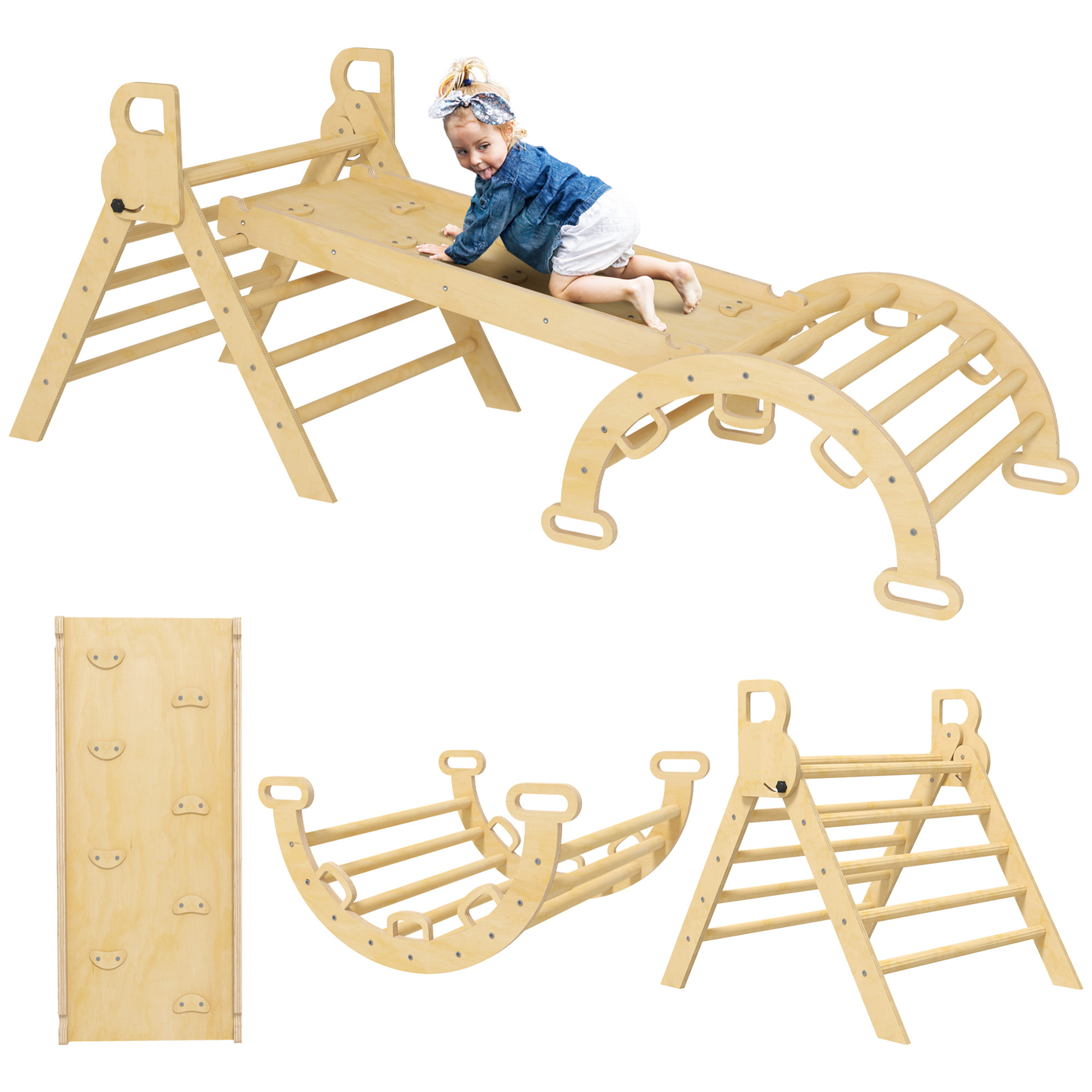 Ensemble d'escalade en bois 5 en 1 - triangle Pikler, arche, bascule, toboggan, rampe - panneaux bois pin
