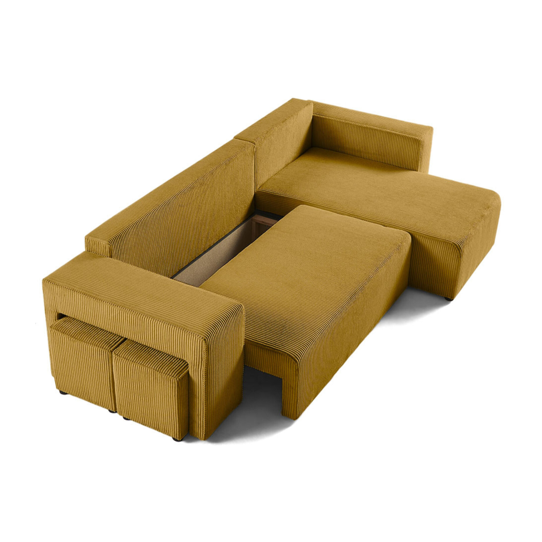 Topaze - canapé d'angle réversible 4 places - convertible avec coffre, tablette et poufs - en velours côtelé - Jaune