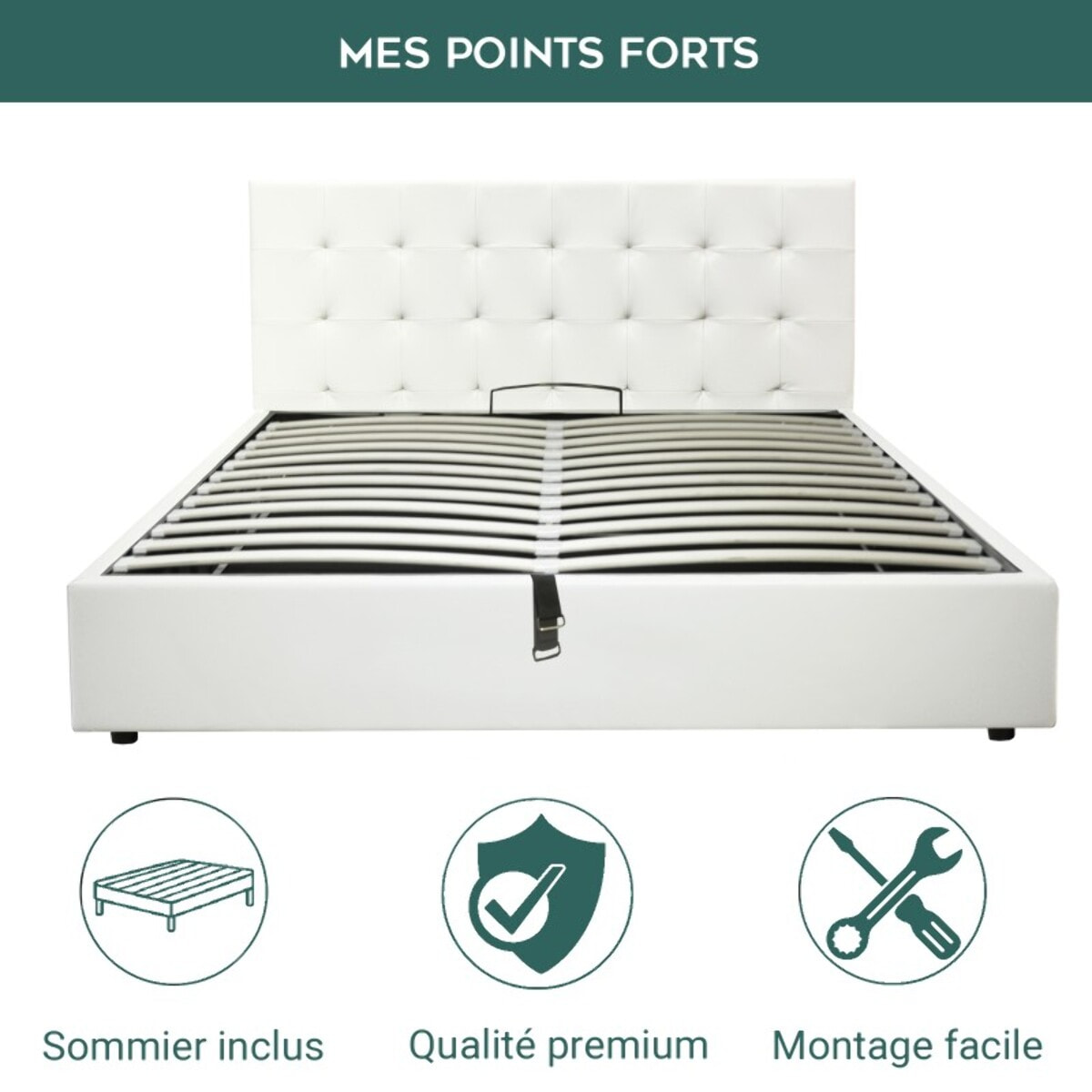 Lit coffre Venise| Espace de Stockage jusqu'à 900 L | Grand angle d’ouverture | Simili cuir | Blanc