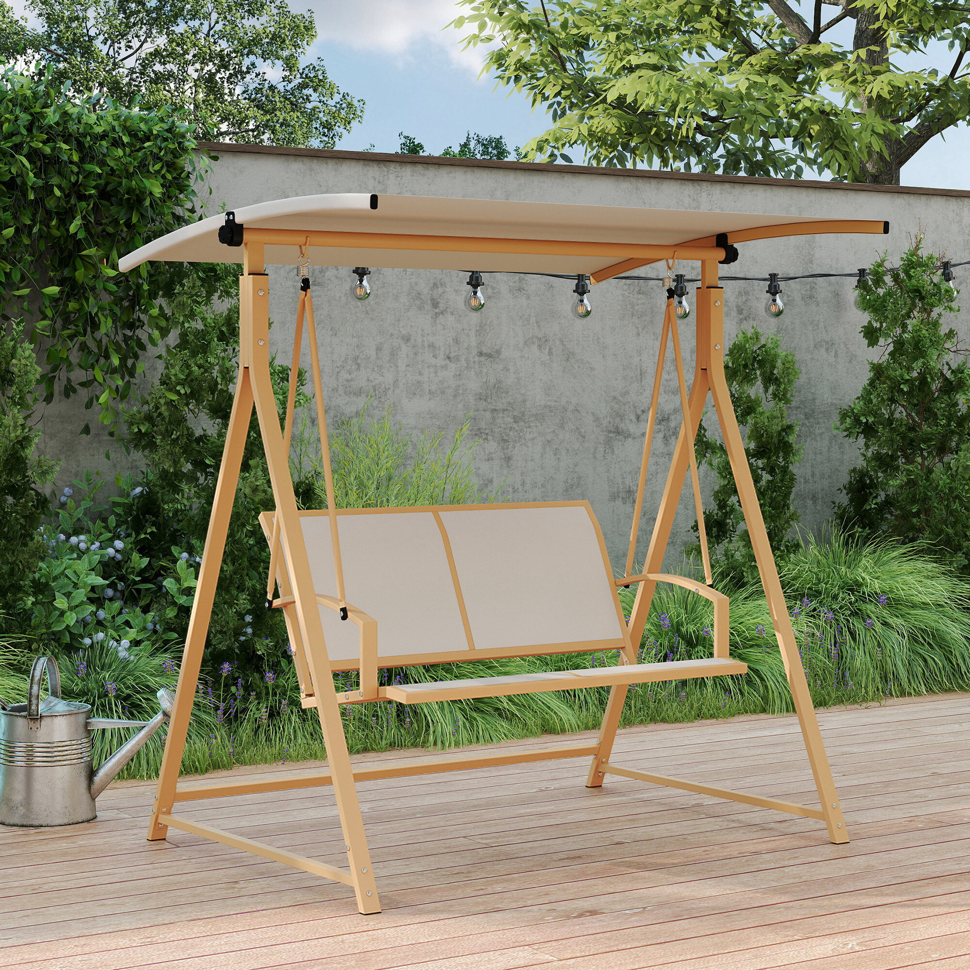 Columpio de Jardín Exterior de 2 Plazas Balancín de Jardín Exterior con Toldo Ajustable 90° Protección UV 30+ y Estructura Triangular de Metal Carga 220 kg 160x112x162 cm Caqui