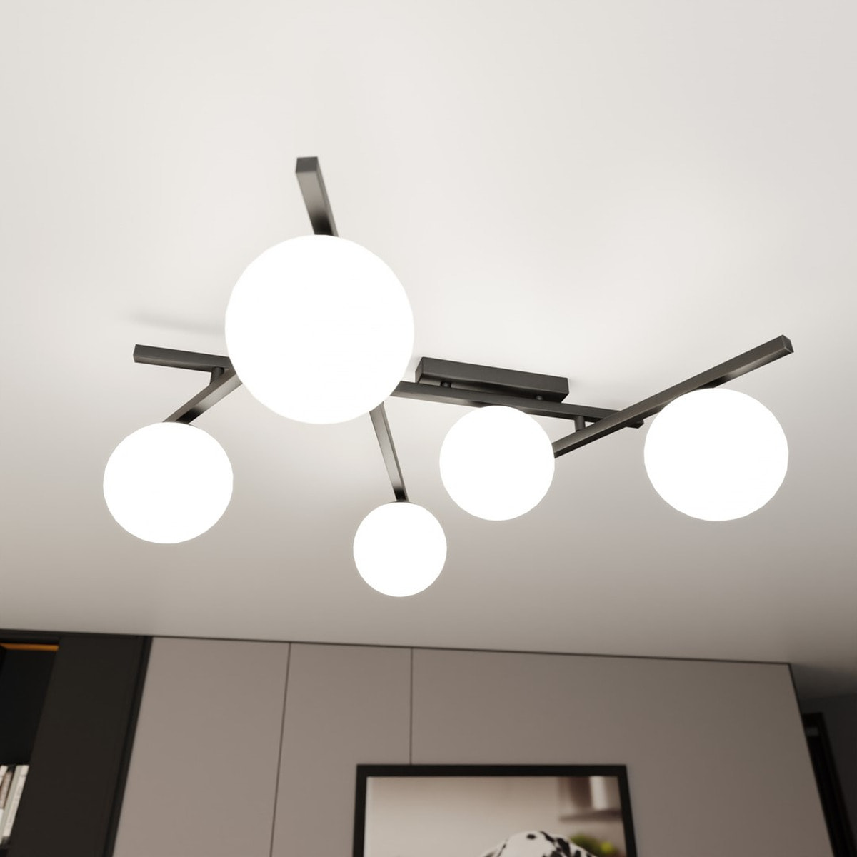 Lampada a sospensione SMART in acciaio nero e vetro opalino