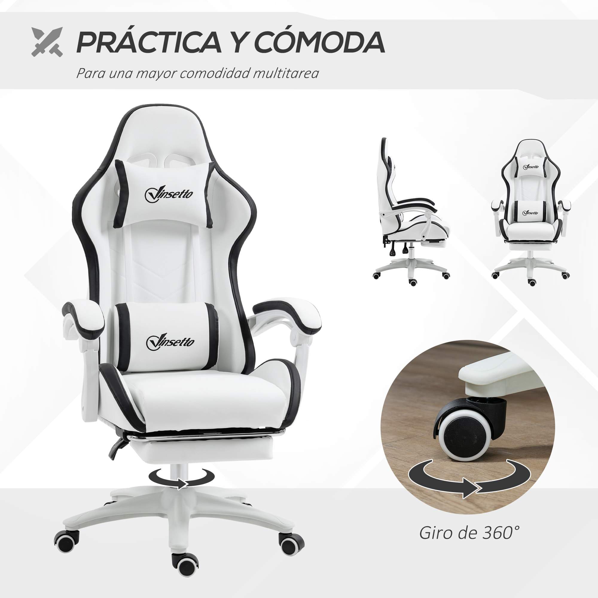 Silla Gaming Silla Gamer Racing de Cuero PU con Altura Ajustable Reclinable 135° Reposacabezas y Reposapiés Retráctil para Oficina Estudio 65x65x121-129 cm Blanco