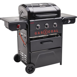 Barbecue gaz CHAR BROIL Gas2Coal 2.0 Special Edition,sur chariot, 4 brûleurs dont 1 latéral, surface de cuisson 64 x 45 cm