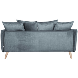 Canapé scandinave 3 places en tissu velours bleu gris et bois clair OLYMPIA