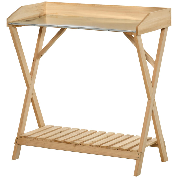 Table de rempotage jardinage - étagère à lattes - plateau tôle acier galvanisé avec rebords - bois sapin pré-huilé