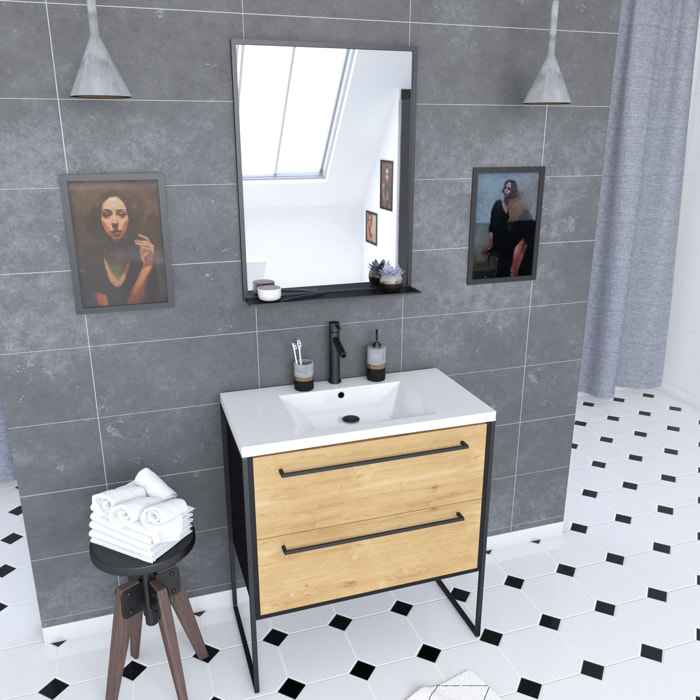 Meuble Salle de Bains 80cm Tiroirs Finition Chêne et Noir - Vasque Blanche - miroir - STRUCTURA