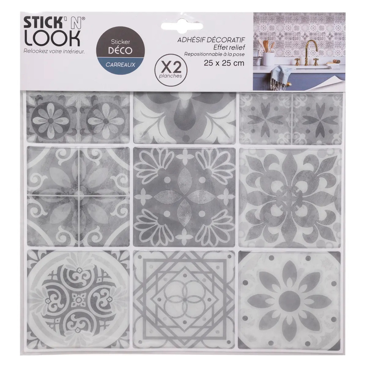 Lot de 2 stickers - carrelage - gris - 26x26 cm