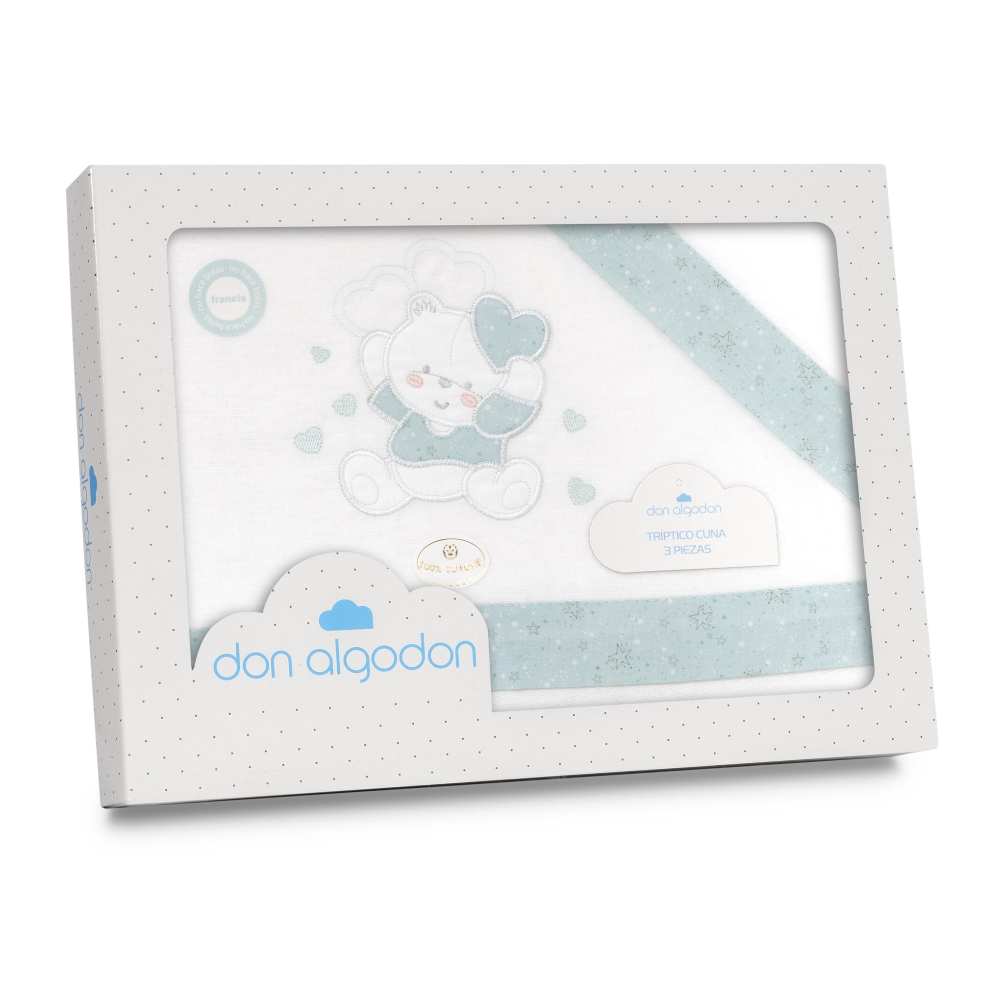 Triptico Coche Franela D. Algodon Oso Corazones Bco/Verde