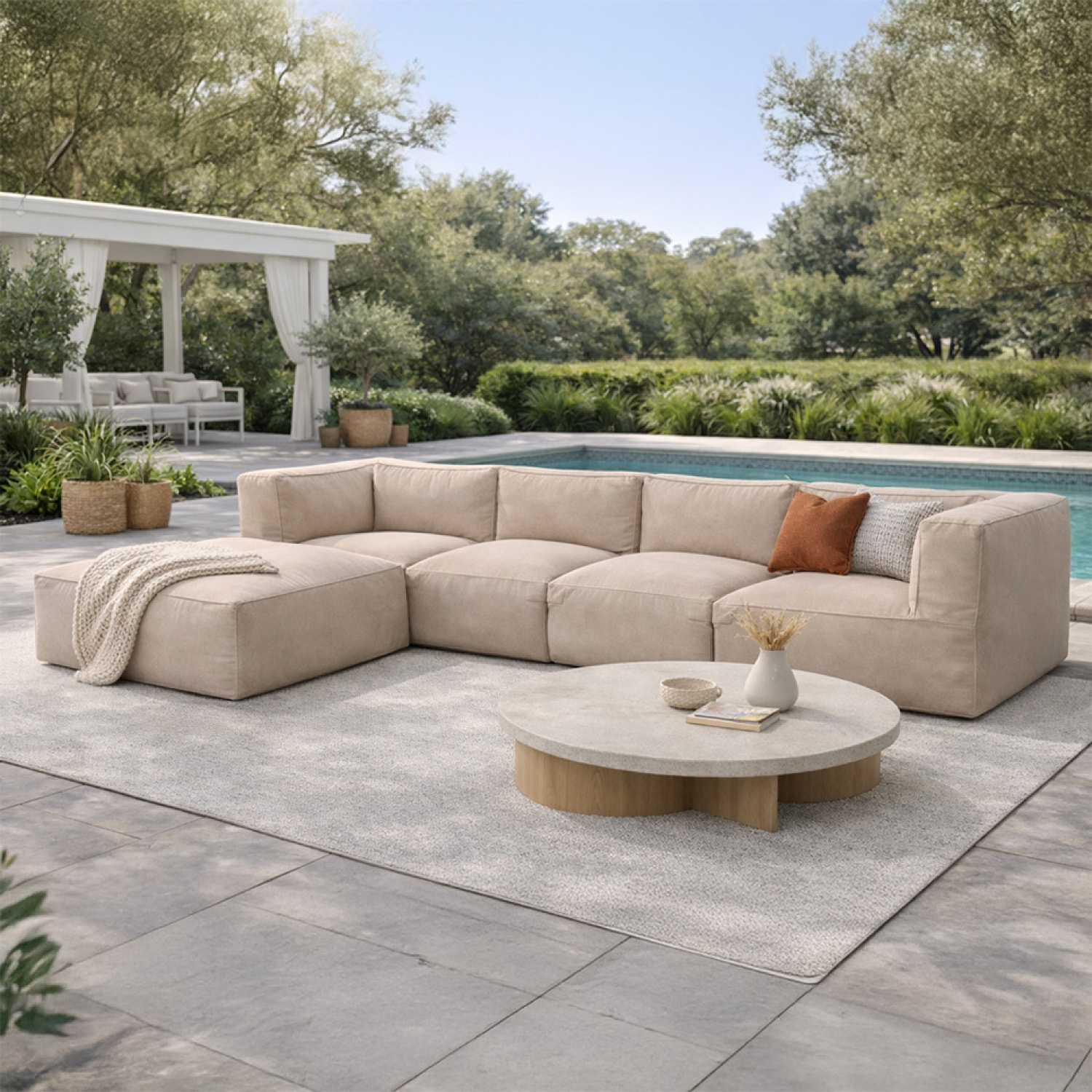 VERONE Salon de jardin modulable 5 places beige en tissu déperlant