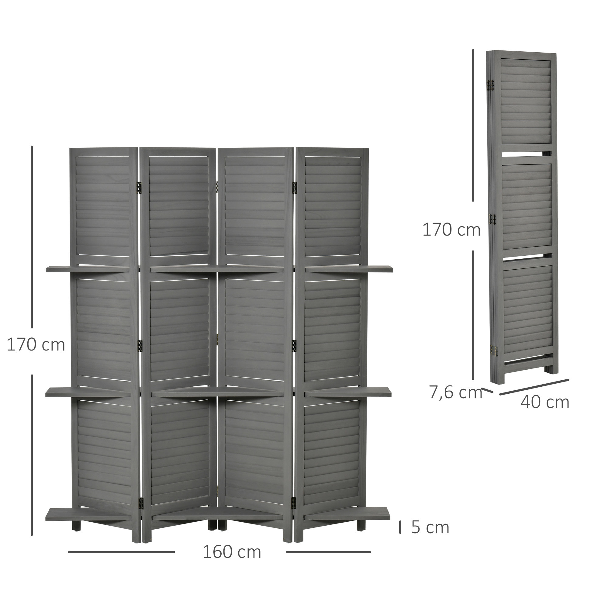 Paravent intérieur 4 panneaux 3 étagères pliables séparateur de pièce portes persiennes bois de paulownia gris