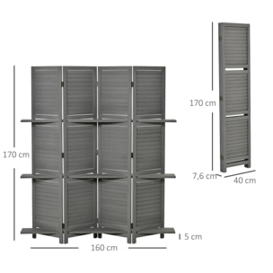 Paravent intérieur 4 panneaux 3 étagères pliables séparateur de pièce portes persiennes bois de paulownia gris