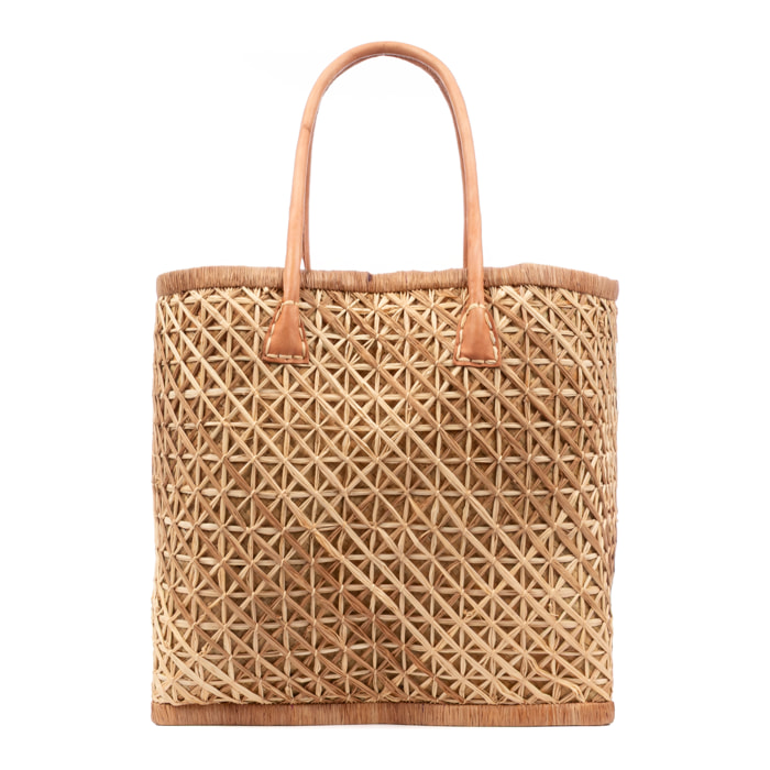 Zavattarello bolso de hombro mujer. Fabricado en rafia y tela, con asas de cuero.