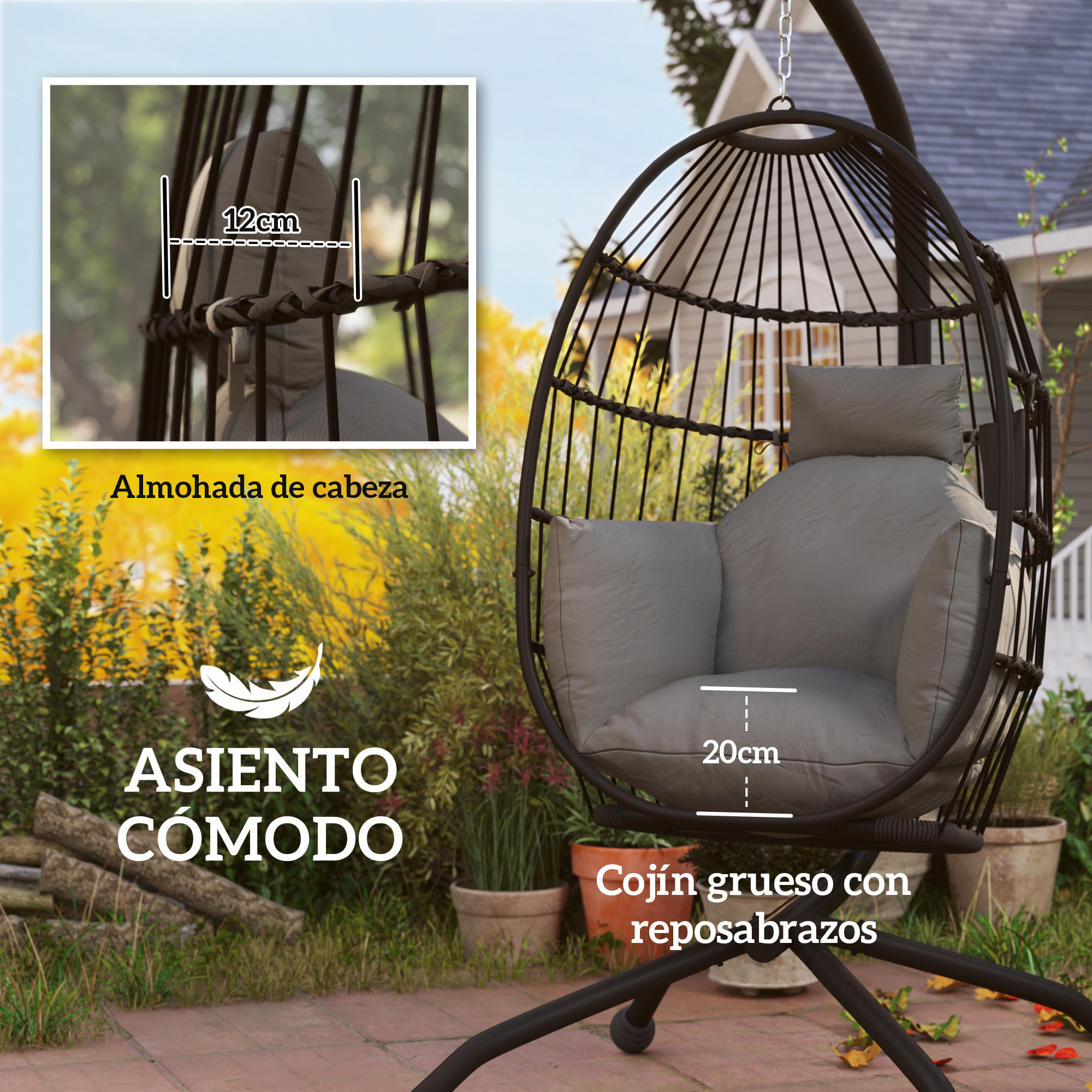 Silla Colgante Huevo con Soporte Columpio Jardín Exterior con Cesta Plegable Cojín y Reposacabezas Portavaso Columpio Colgante para Interior y Exterior Carga 120 kg Negro