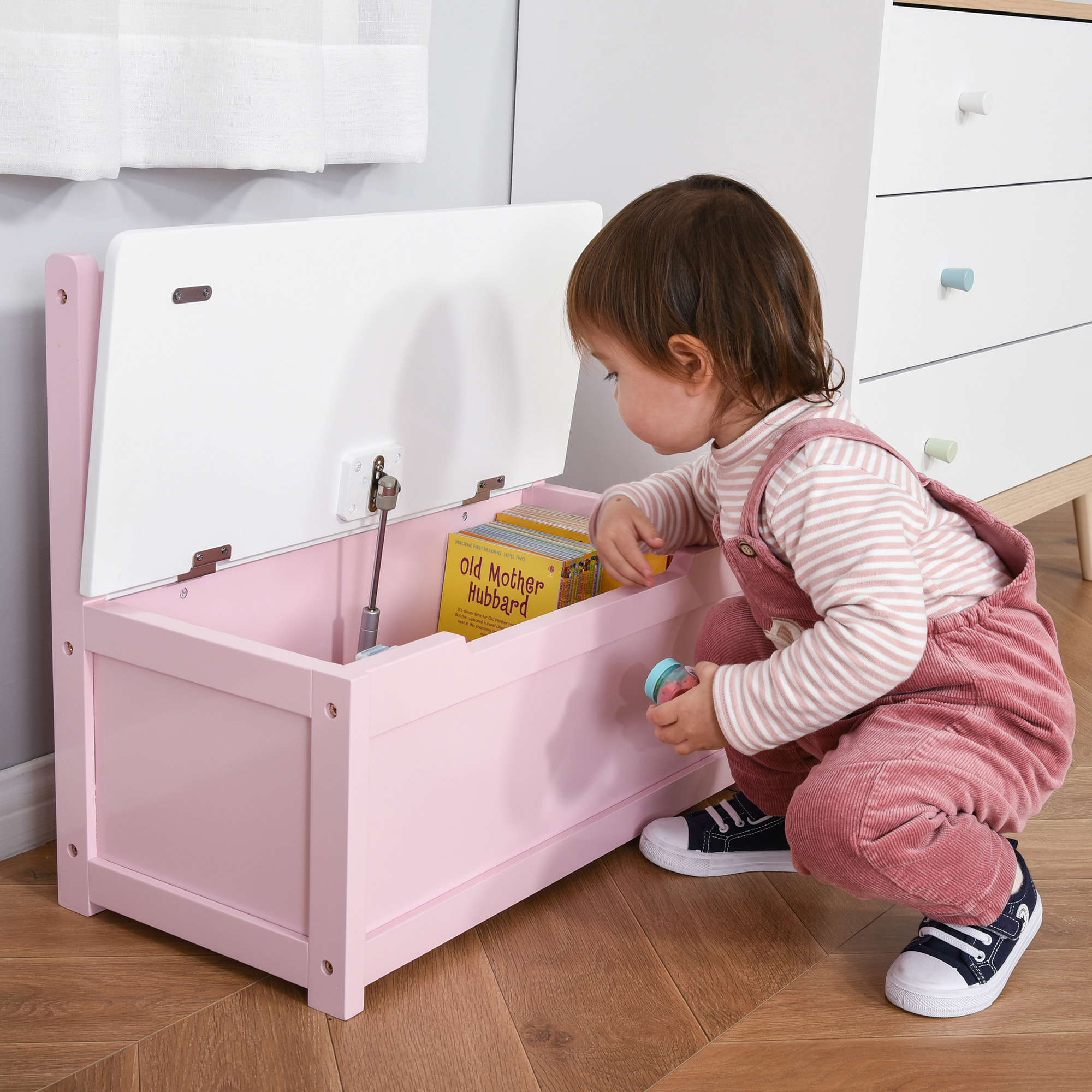 Baúl para Juguetes Banco Almacenaje para Niños con Respaldo y Tapa Amortiguadora Carga 40 kg para Salas de Juego Dormitorio 60x30x50 cm Rosa y Blanco