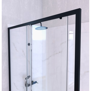 Porte de Douche Coulissante 120x200 cm Profil Noir et Receveur Blanc + Colonne de Douche Mécanique