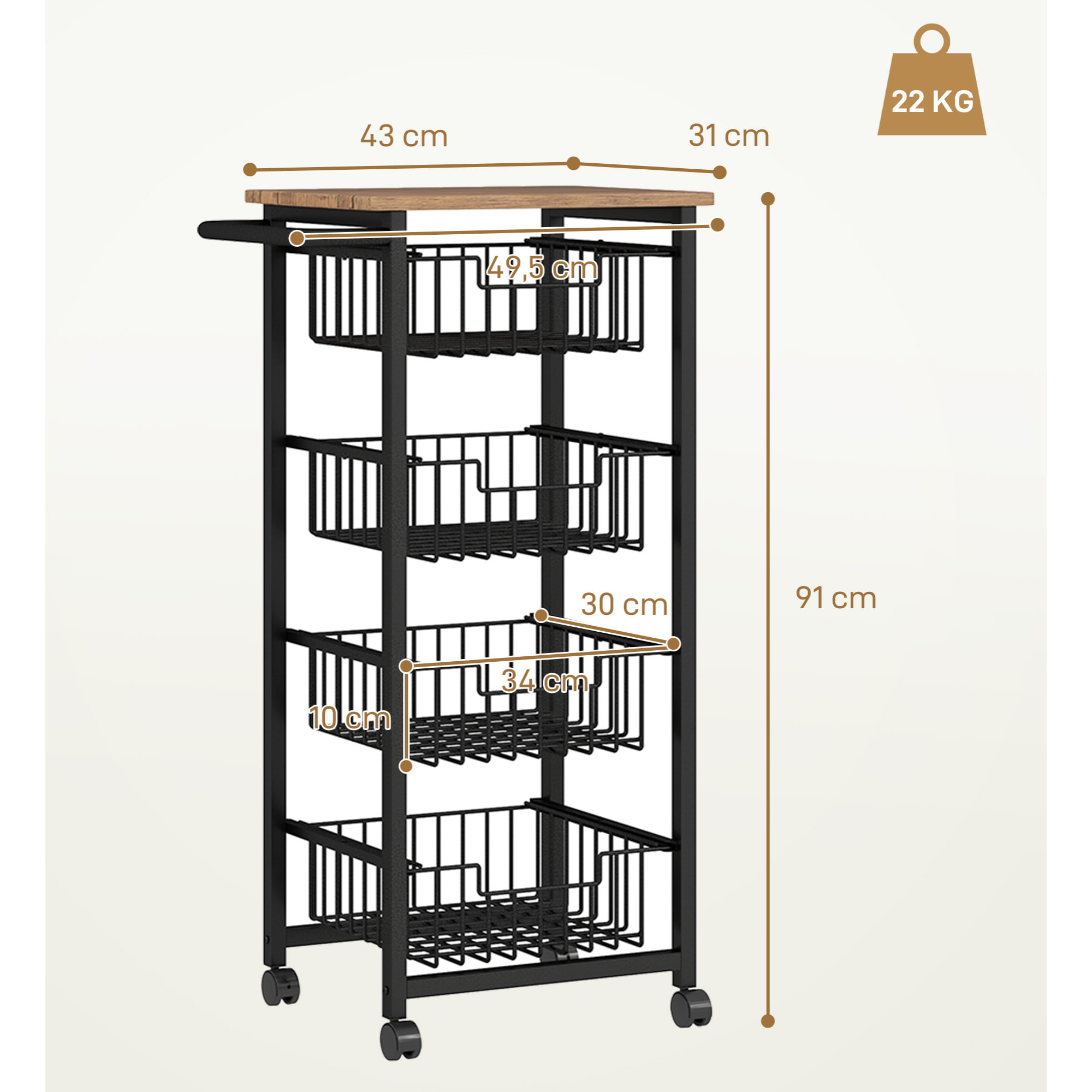 Carrito de Cocina, Carrito Verdulero para Cocina con Ruedas, 4 Cestas Deslizables y Marco de Acero, Carrito Auxiliar para Comedor, 49,5x31x91 cm, Roble