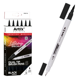 SET ROTULADORES DOBLE PUNTA PINCEL LETTERING NEGRO 6Uds.