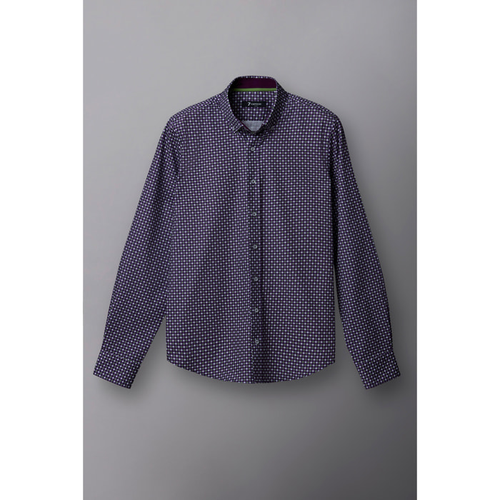 camicia uomo 1 bottone button down slim Popeline Stampato Viola/Bianco