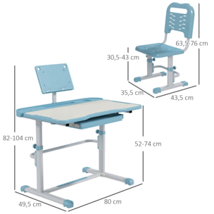 Juego de Escritorio y Silla para Niños de 6-12 Años Pupitre Infantil Altura Ajustable con 1 Cajón 1 Estante para Libros y Ángulo de Mesa Ajustable 80x49,5x82-104 cm Azul y Blanco