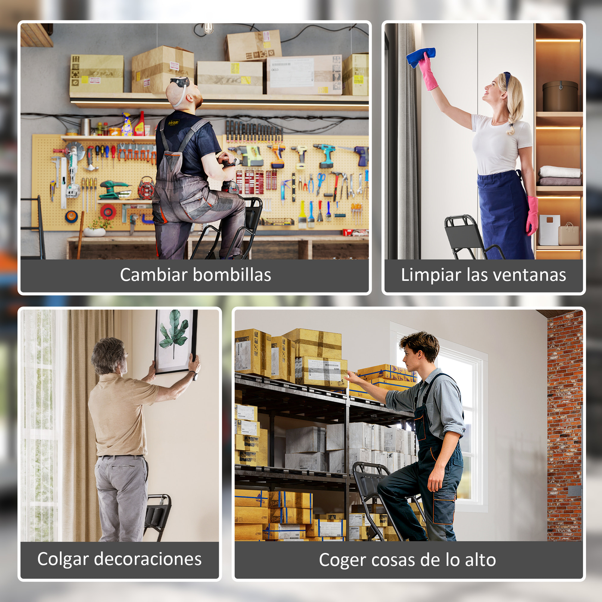 Escalera Plegable de 3 Peldaños con Bolsa de Herramientas, Escalera de Tijera, Carga 150 kg, con Peldaños Anchos Antideslizantes, Bloqueo de Seguridad, Apoyabrazos, Negro