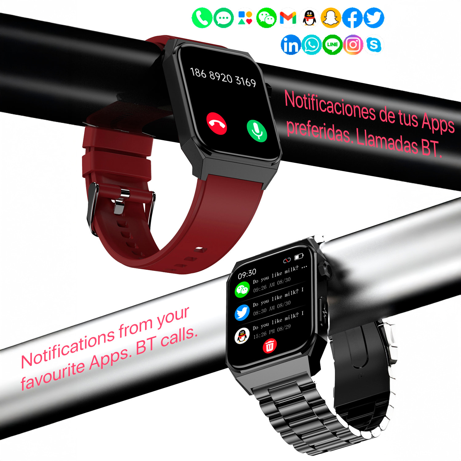 Smartwatch E530 con rilevamento della glicemia, monitor della pressione e O2. ECG con misurazione sul petto. Schermo da 1,91. Cinturino in pelle.