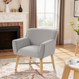 Butaca de Salón Tapizada en Terciopelo, Sillón de Salón Moderno Acolchado, Patas de Madera, Reposabrazos, Base Cruzada, Sillón Relax para Dormitorio, Oficina, Estudio, 67x65x74 cm, Gris Claro