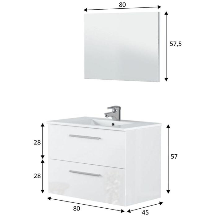 Mueble baño axel 2c 80cm color blanco brillo con espejo, sin lavabo