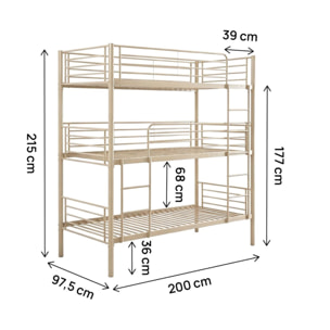 Lit superposé en métal triple "HAVIN" - 90 x 190 cm - Taupe