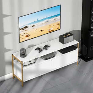 Meuble TV design Art déco 2 portes battantes étagère dim. 124 x 35 x 50 cm acier doré effet bois blanc