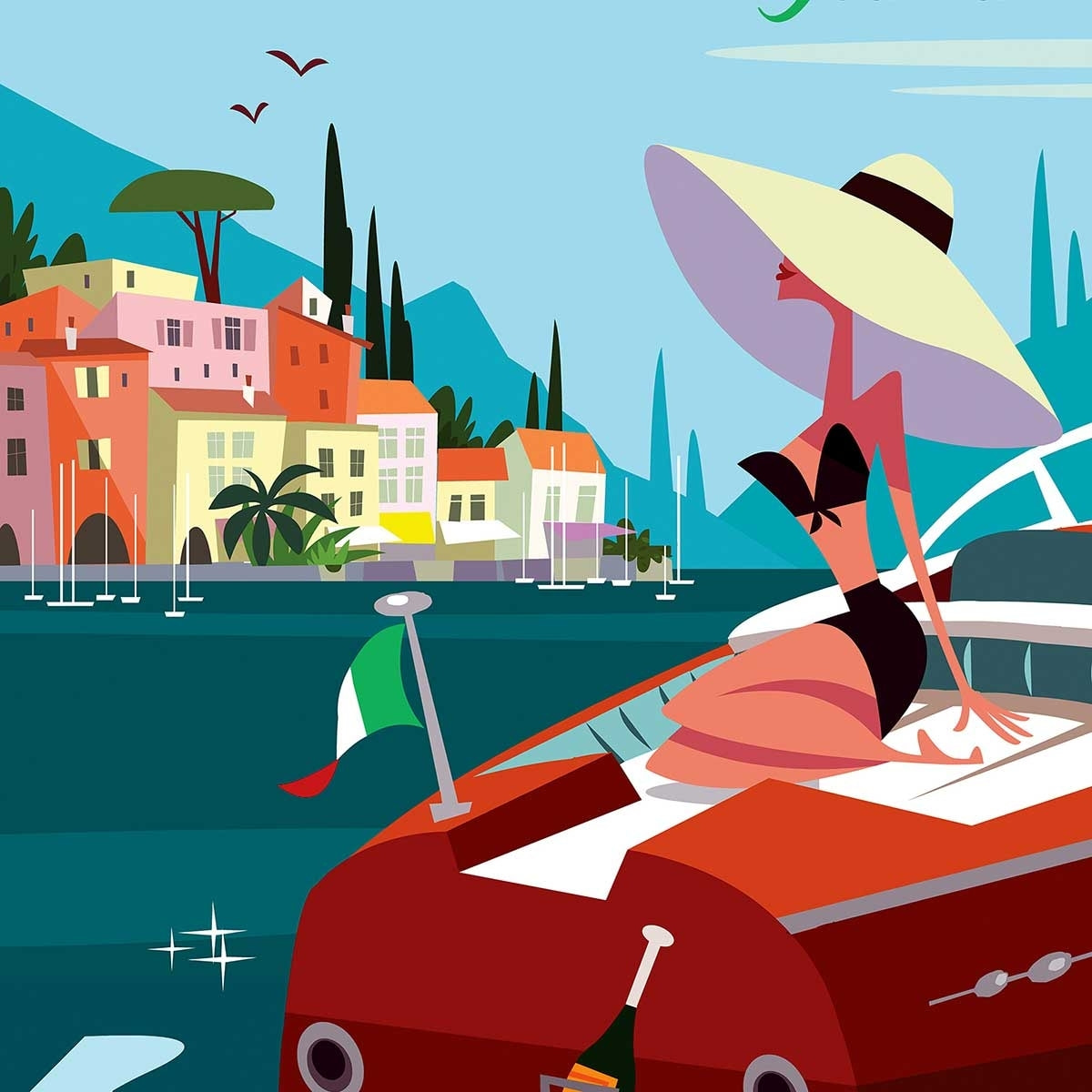 Poster retro lac de côme Affiche + cadre en bois - Chêne