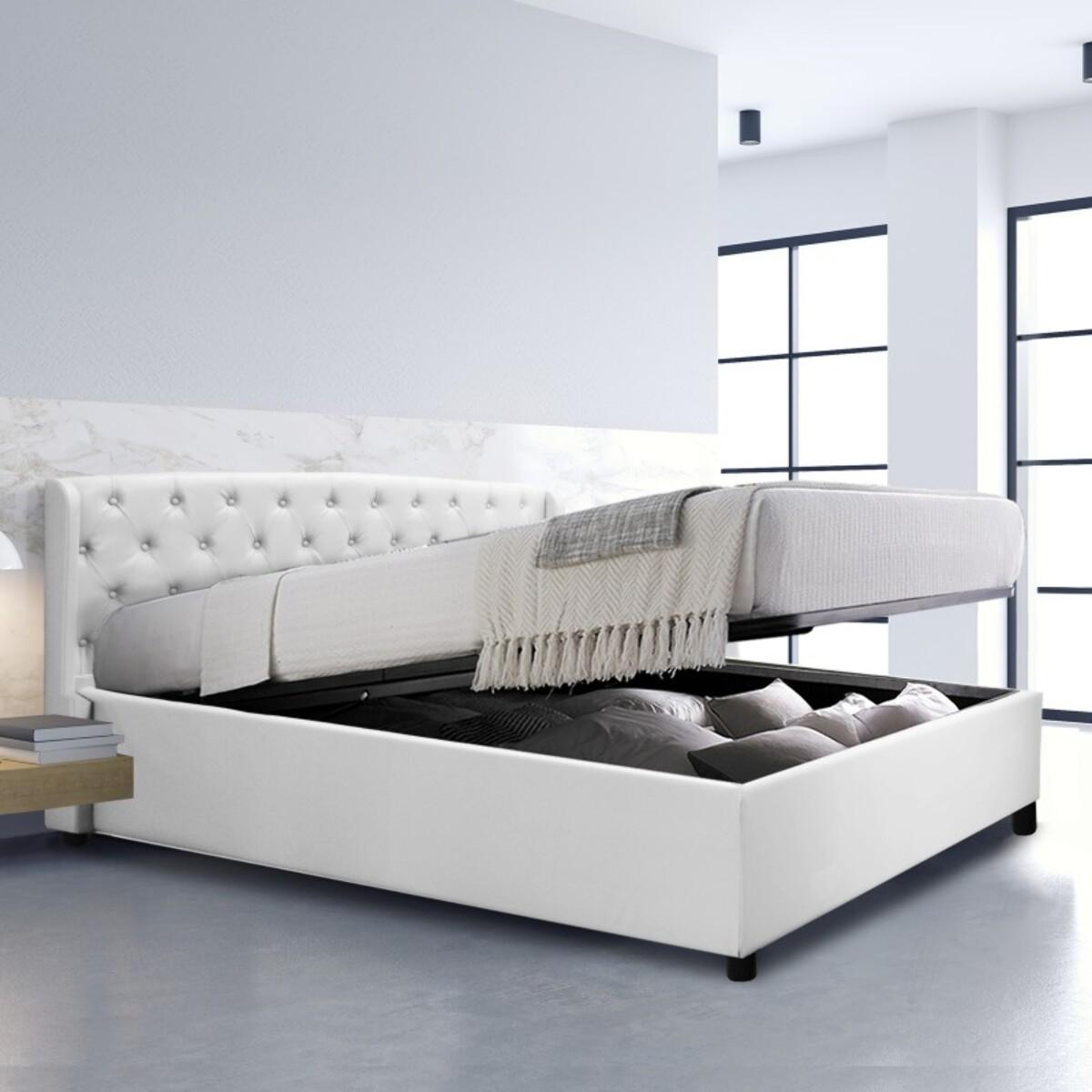 Lit coffre sommier relevable blanc | Modele Naples Simili Cuir | Grande capacite de stockage