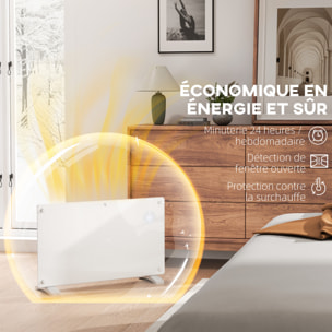 Radiateur à convection 1500W mural autoportant - affichage LED, timer 24h, thermostat, télécommande - verre blanc