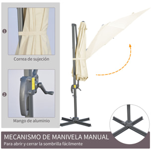 Sombrilla de Jardín Ø300x250 cm Parasol Excéntrico de Aluminio con Manivela Toldo Inclinable Giratorio 360° con Pedal y Base Cruzada para Patio Terraza Crema