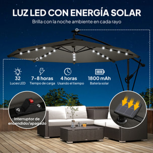 Parasol Excéntrico con Luces LED Solares, Ø345 cm, Sombrilla de Jardín de Aluminio con Base Cruzada, Manivela, Funda Protectora, Cuerdas de Viento, UPF50+, para Terraza, Patio, Gris Oscuro