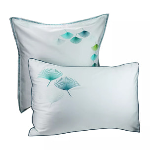 Taie d'oreiller satin de coton brodé blanc bleu Pistil aqua